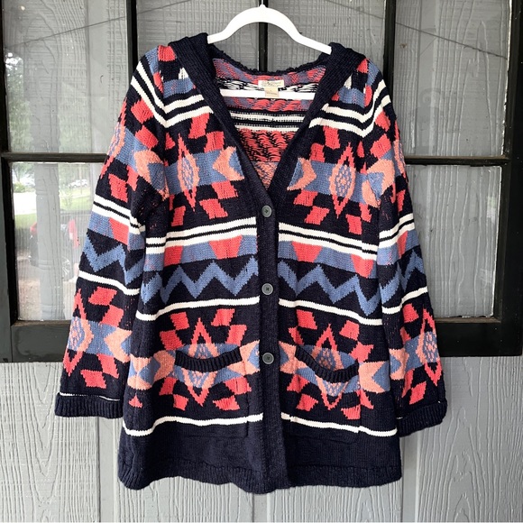 Lucky Brand cardigan sweater with hood, southwestern designs, navy and coral - Picture 2 of 11